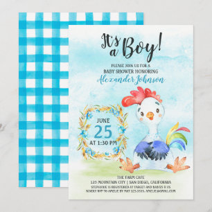 Watercolor Boy Rooster Baby Shower Farm Invitation