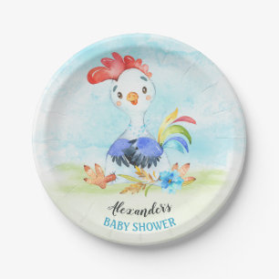 Watercolor Boy Rooster Baby Shower Farm Paper Plate