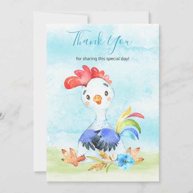 Watercolor Boy Rooster Farm Thank You Card (Front)