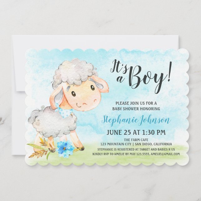 Watercolor Boy Sheep Baby Shower Farm Invitation (Front)