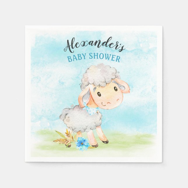 Watercolor Boy Sheep Baby Shower Farm Napkin (Front)