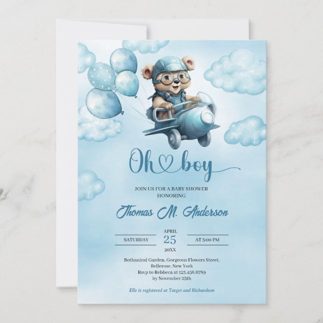 Watercolor boy teddy bear aviator with balloons  invitation (Front)