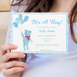Watercolor Boy Teddy Bear Balloons Baby Shower Invitation