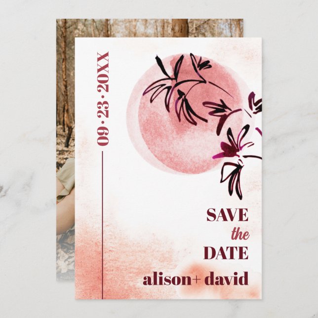 Watercolor branch and moon Japandi photo Save The Date (Front/Back)