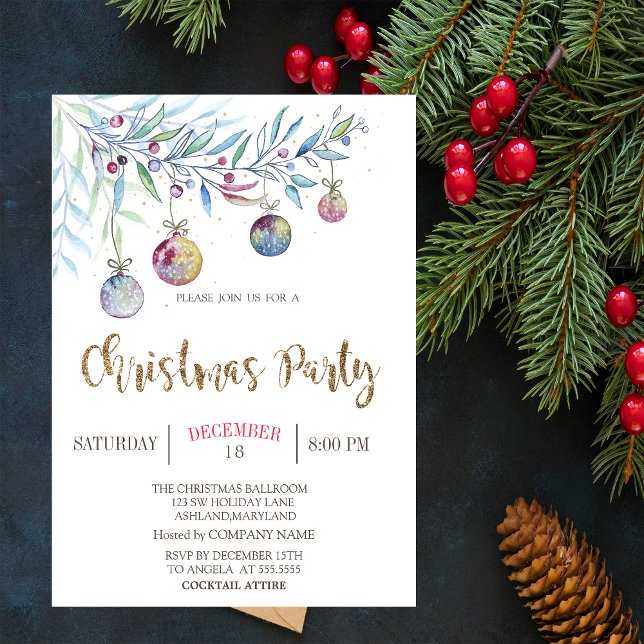 Watercolor Branch,Balls Company Party Invitation (Creator Uploaded)