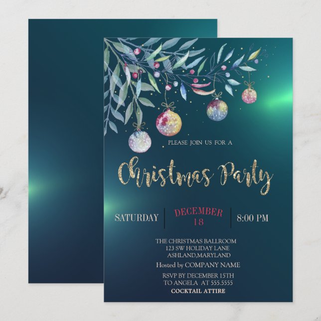 Watercolor Branch,Balls,Green Company Party Invitation (Front/Back)