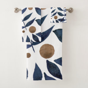 Watercolor branches and berries - indigo and beig bath towel set