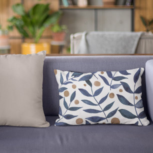 Watercolor branches and berries - indigo and beige decorative cushion