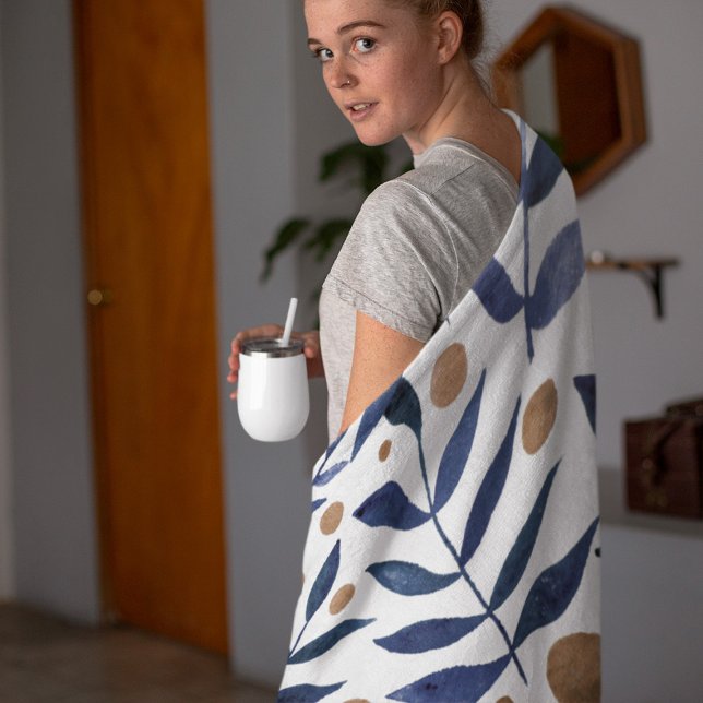 Watercolor branches and berries - indigo and beige fleece blanket (Creator Uploaded)