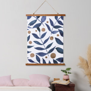 Watercolor branches and berries - indigo and beige hanging tapestry