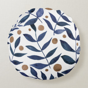 Watercolor branches and berries - indigo and beige round cushion