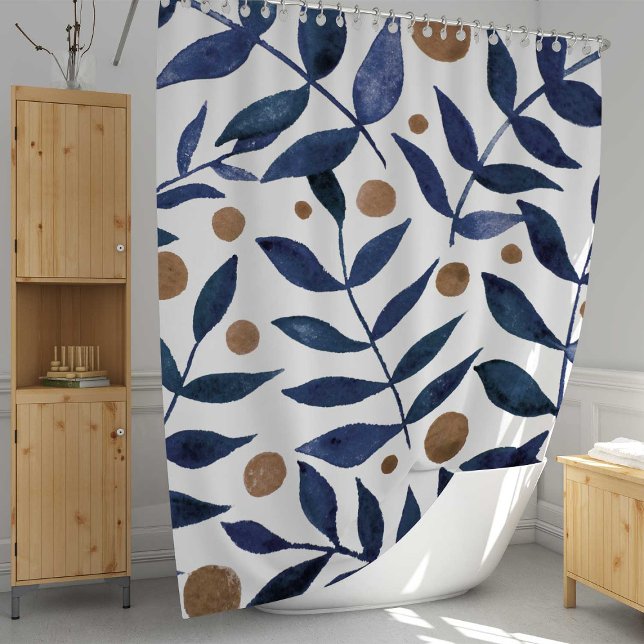 Watercolor branches and berries - indigo and beige shower curtain (Creator Uploaded)
