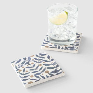 Watercolor branches and berries - indigo and beige stone coaster