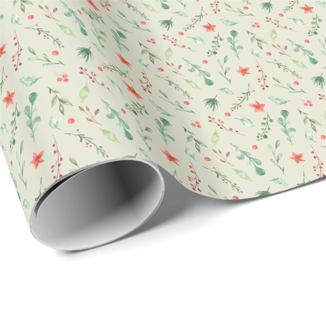 Watercolor Branches and Holly Berries Christmas Wrapping Paper (Roll Corner)