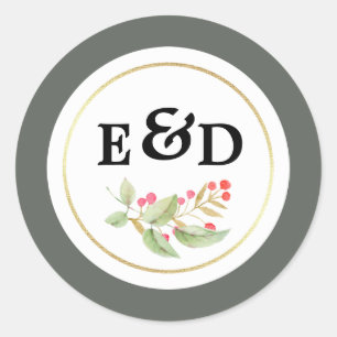 Watercolor Branches Monogram Wedding Classic Round Sticker