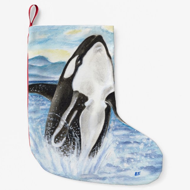 Watercolor Breaching Orca Whale Small Christmas Stocking (Front)