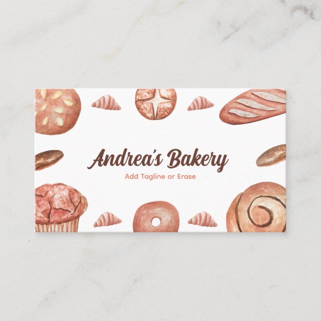 Watercolor Bread Loaf & Pastry Baker Chef Bakery Business Card (Front)