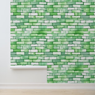 Watercolor Bricks Green White Seamless Patterns Wallpaper