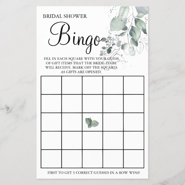 Watercolor Bridal Shower Bingo game card (Front)