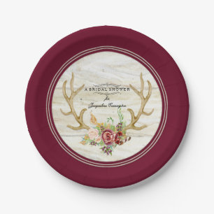 Watercolor Bridal Shower Boho Deer Antler Red Rose Paper Plate