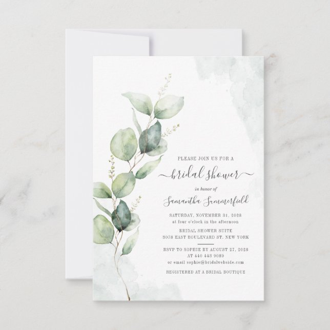 Watercolor Bridal Shower Eucalyptus Script Floral Invitation (Front)