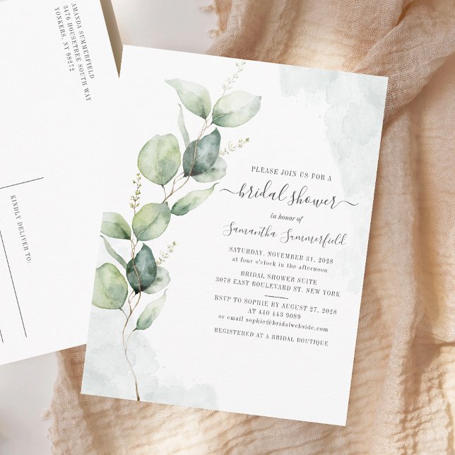 Watercolor Bridal Shower Eucalyptus Script Floral Invitation Postcard (Minimalist Eucalyptus Bridal Shower Invitation Postcard)