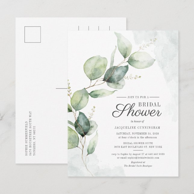 Watercolor Bridal Shower Eucalyptus Script Floral Invitation Postcard (Front/Back)