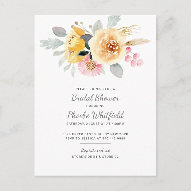 Watercolor Bridal Shower Floral Modern Botanical Invitation Postcard (Front)
