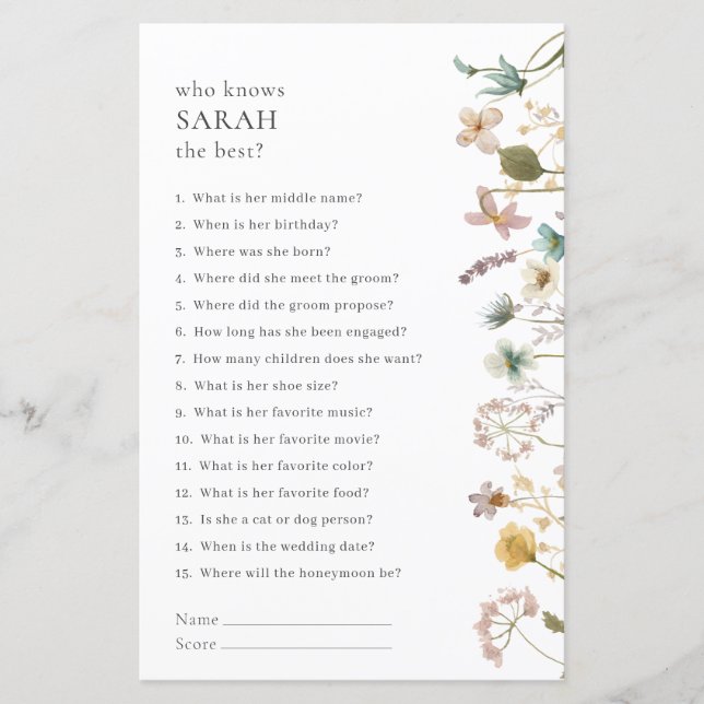 Watercolor Bridal Shower Game (Front)