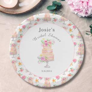 Watercolor Bridal Shower Layered Rose Cake Pattern Paper Plate