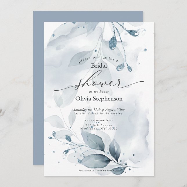 Watercolor Bridal Shower Rustic Blue Foliage  Invitation (Front/Back)