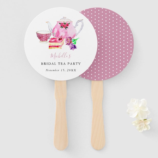 Watercolor Bridal Shower Tea Party Pink Teapot  Hand Fan (Front and Back)