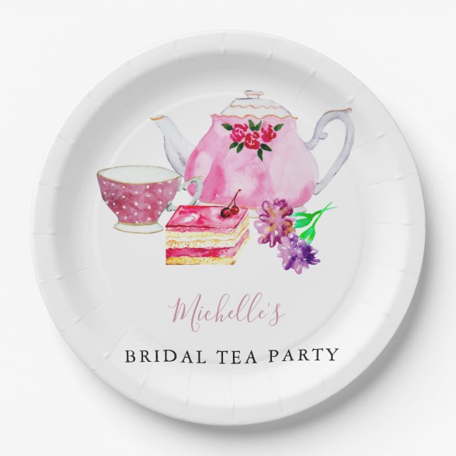 Watercolor Bridal Shower Tea Party Pink Teapot Paper Plate (Front)