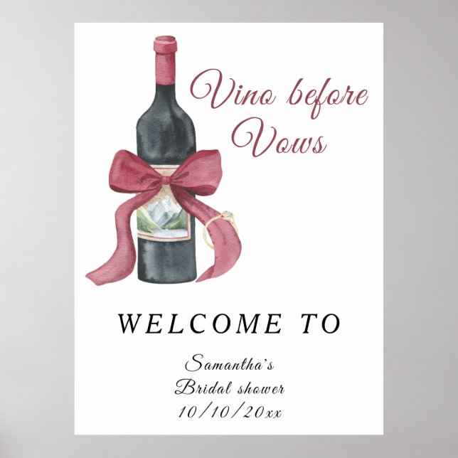Watercolor Bridal shower Wine Bow Welcome  Poster (Front)