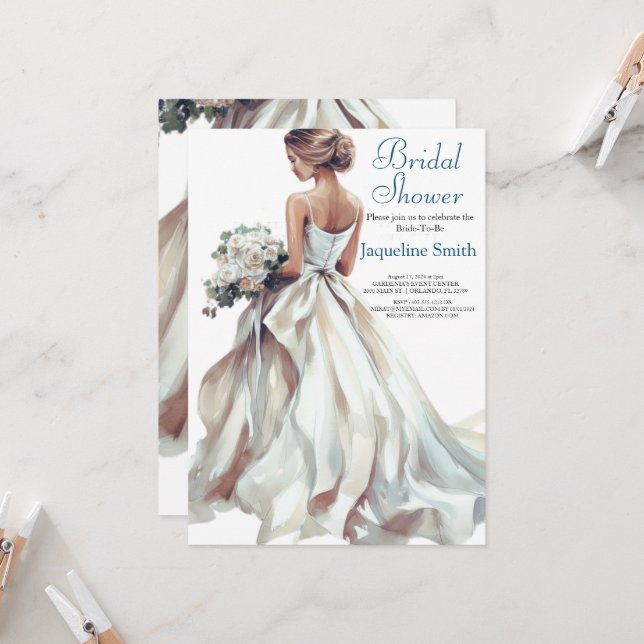 Watercolor Bride Bridal Shower Invitation (Front/Back In Situ)