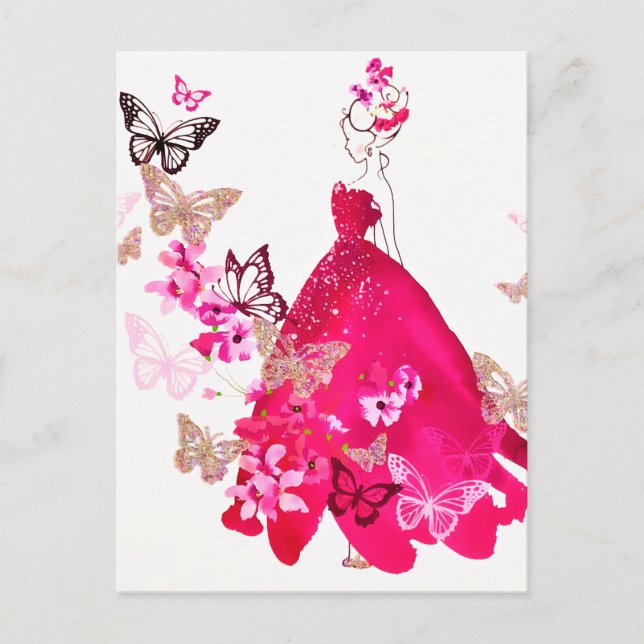 Watercolor Bride Floral Butterfly Gold Glitter Holiday Postcard (Front)