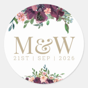 Watercolor Bride Groom Monogram Gold White Classic Round Sticker
