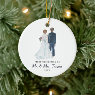 Watercolor Bride & Groom Personalised Mr & Mrs Ceramic Tree Decoration