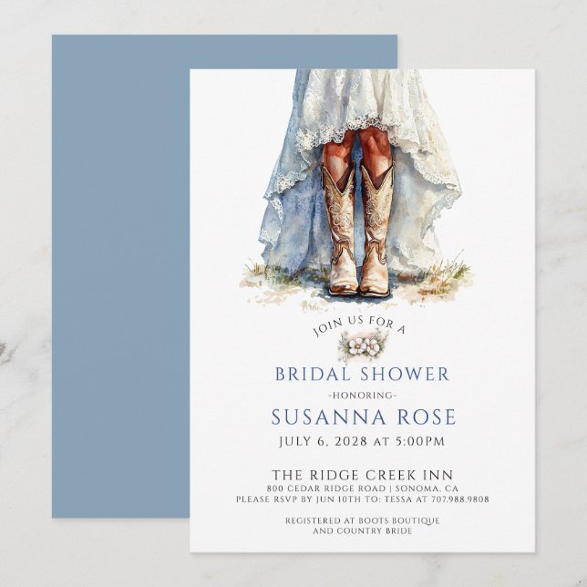 Watercolor Bride In Cowgirl Boots Bridal Shower Invitation (Front/Back)