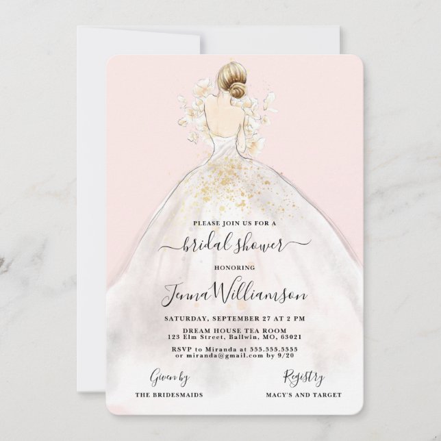 Watercolor Bride in Gown Bridal Shower Invitation (Front)