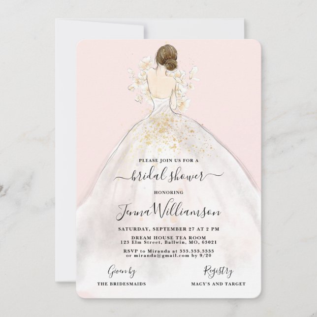 Watercolor Bride in Gown Bridal Shower Invitation (Front)