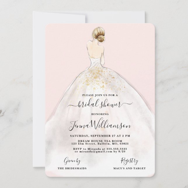 Watercolor Bride in Gown Bridal Shower Invitation (Front)