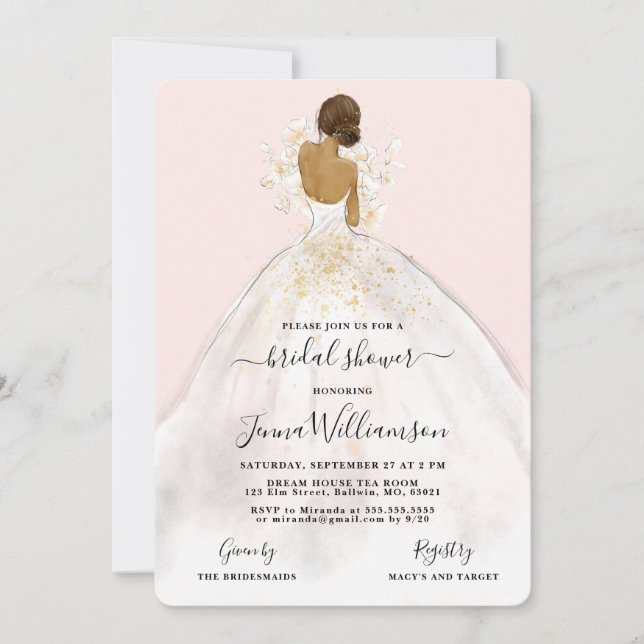 Watercolor Bride in Gown Bridal Shower Invitation (Front)