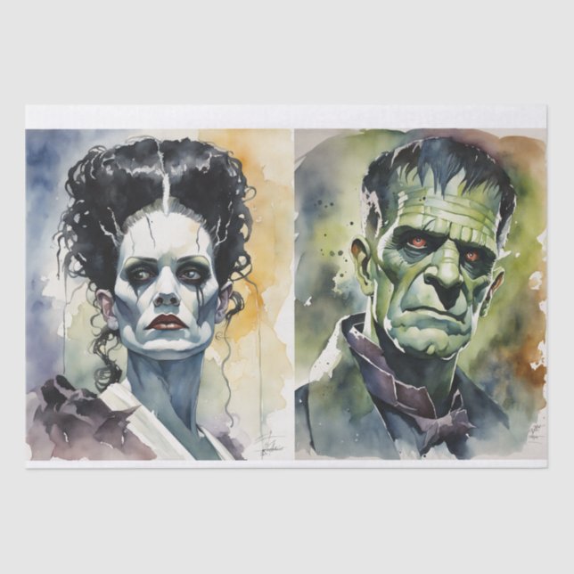 Watercolor Bride of Frankenstein & Frankenstein  Tissue Paper (Front)