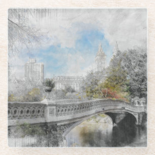 Watercolor bridge in Central Park New York  Glass Coaster