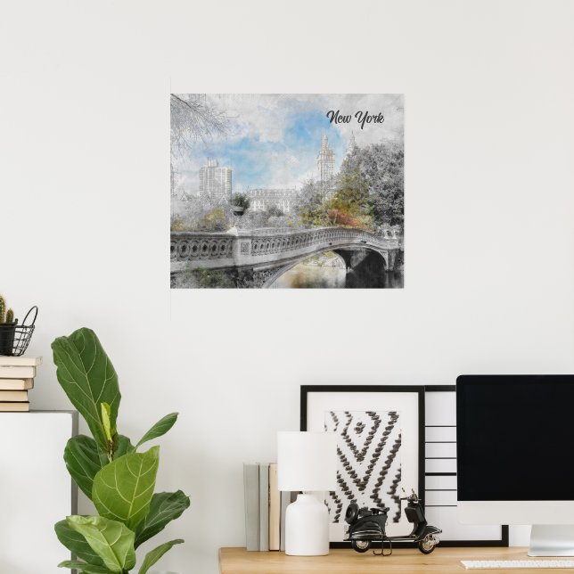 Watercolor Bridge in Central Park New York Poster  (Home Office)
