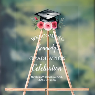 Watercolor Bright & Bold Pink Florals Graduation Acrylic Sign