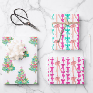 Watercolor Bright Coquette Bows Christmas Tree Wrapping Paper Sheet