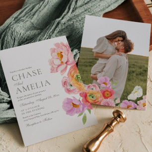 Watercolor Bright Floral Photo Wedding Invitation