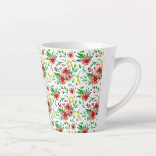 Watercolor Bright Floral With Red Flowers Pattern Latte Mug